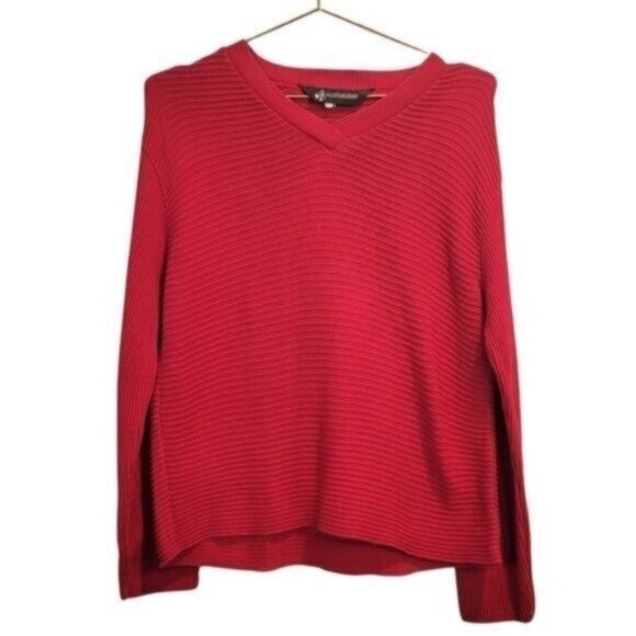 The J. Peterman Company | V neck long sleeve Ribbed Sweater Red - Picture 1 of 6